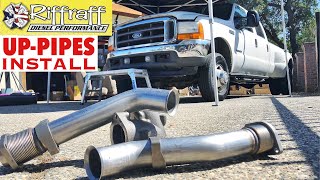 2001 F350 73  RiffRaff UpPipes Install  Stock up pipes leaking and falling apart JUNK SP [upl. by Kassaraba]