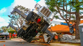 Crane Fail Crane Truck Goes Airborne Falls On Upscale Home [upl. by Levram612]