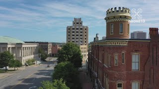 Aerial drone view of downtown Macon Georgia [upl. by Aileno]